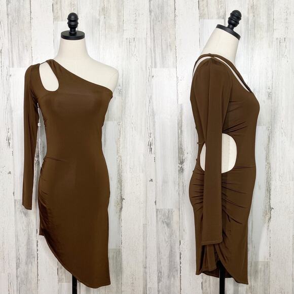 NWT Ronny Kobo Lana Dress Brown One Shoulder Asymmetrical Mini Party Size XS - Picture 2 of 13